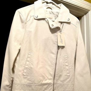 NWT!! Trendy faux white leather jacket.  Zipper on sleeves.  Size Medium